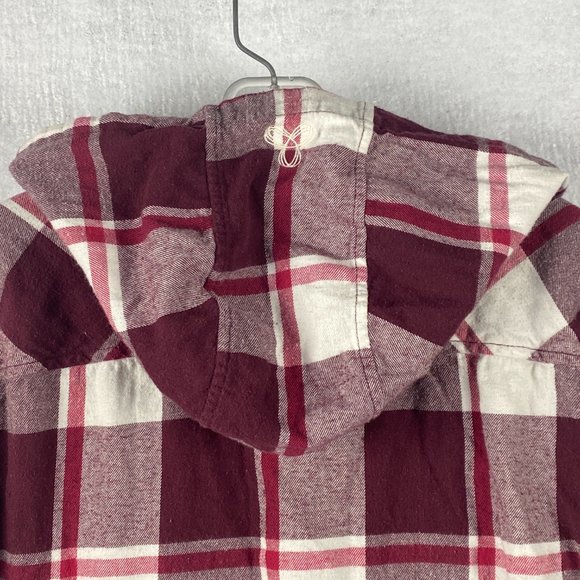 Aritzia TNA Hooded Shirt‎ Boyfriend Fit Flannel Plaid Button Up Red White - Picture 5 of 15